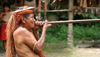 A side profile of a Yagua man using a traditional blowgun for hunting in the Amazon rainforest of Iquitos, Peru.