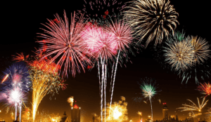 A set of fireworks exploding in the night sky in New Year, one of the festivals in Malaysia often celebrates.