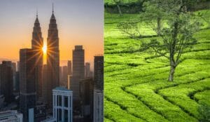 Visit Malaysia 2026 travel guide header image featuring Kuala Lumpur skyline and Cameron Highlands nature scenery.