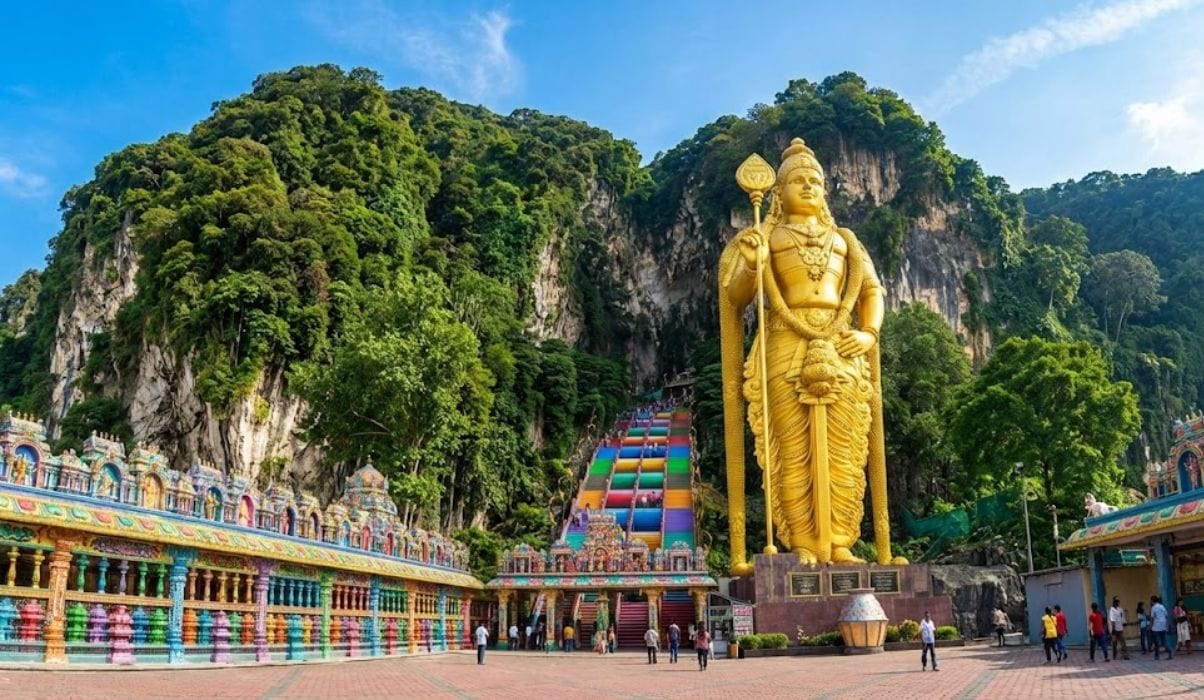 Wide-angle view of the Batu Caves entrance in Kuala Lumpur, featuring the giant golden statue of Lord Murugan and the colorful rainbow steps.