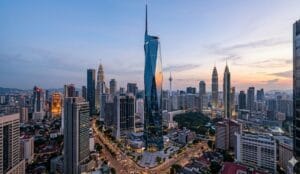 A vertical shot of the Merdeka 118 Tower in Kuala Lumpur, Malaysia, featuring its crystalline, diamond-faceted glass facade and off-center spire reaching into a cloudy sky.