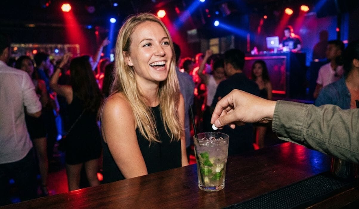 nightlife-safety-drink-spiking-kuala-lumpur A hand covertly dropping a white pill into an unattended mojito cocktail at a busy Kuala Lumpur nightclub while a female tourist is distracted and laughing.